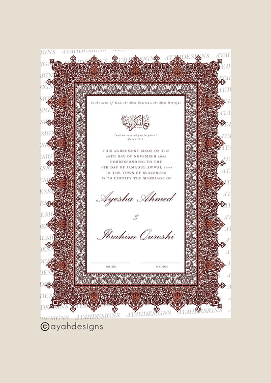 Personalised Luxury Nikkah Certificate - Afreen Red