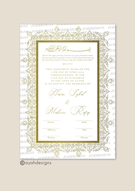 Personalised Luxury Nikkah Certificate - Aizaz (Foiled)