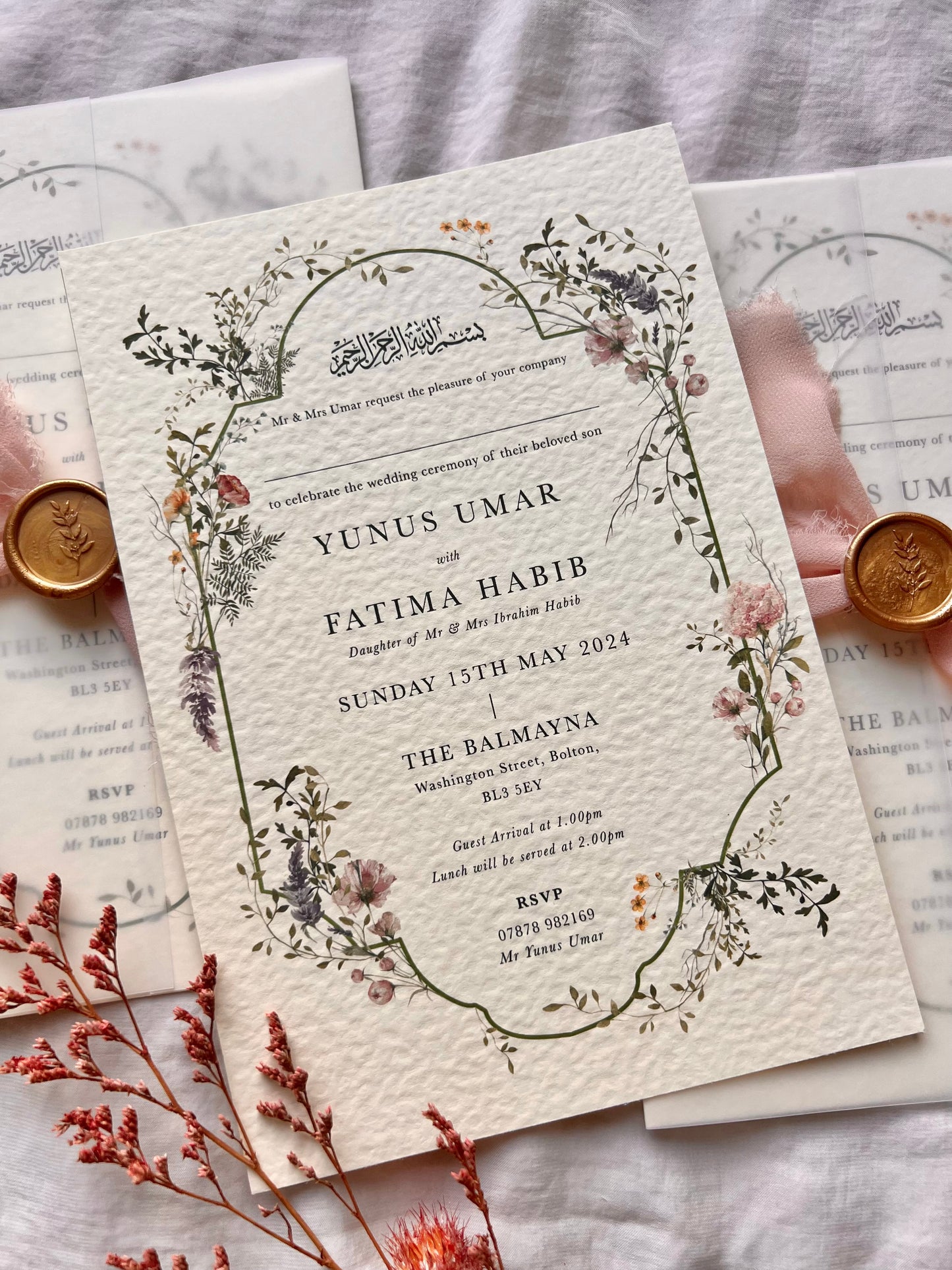 gold invite, gold calligraphy Islamic wedding invitation, floral Nikah invitation design, floral wedding invitation, personalised wedding invite, personalised wedding invitation, custom wedding, custom invitation, Walima invitation cards