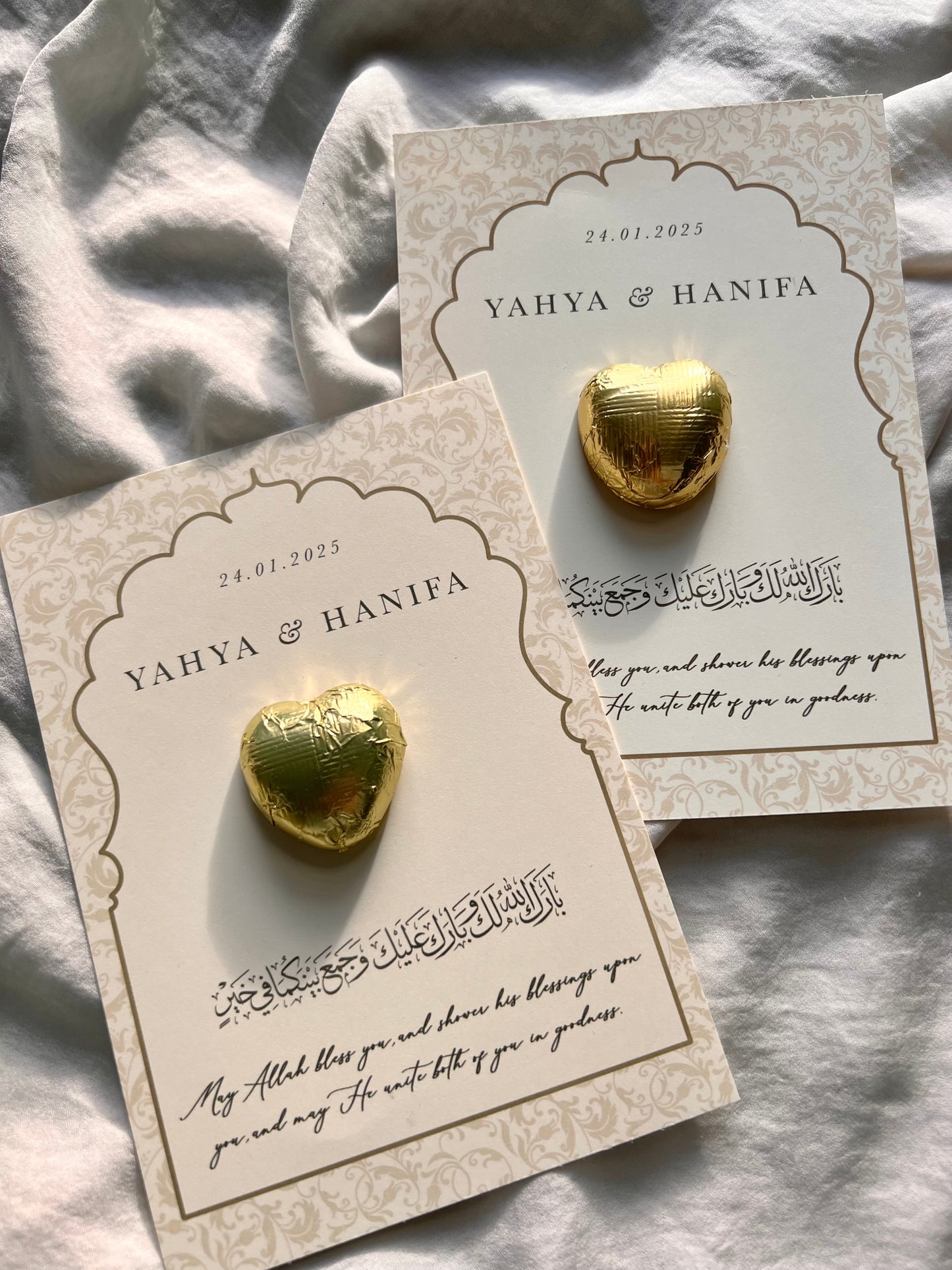 Nikkah favour, Ameen favor, Aqiqah favours, Mawlut favor, Bridal Shower favour, Baby Shower favours, Wedding favour, Birthday favor, Welcome Party favours, Housewarming favours, Engagement favor, Ramadan favours, Eid favours, Quran Graduation gifts, Umrah/Hajj favor, Islamic wedding favours , Muslim wedding favours , Gold Foiled Chocolate Hearts Token Favours on Premium Textured Card, 25x Personalised chocolate wedding Favours, Walima Favours, Mendhi Favours, Eid Favours, Umrah, Nikkah Favours