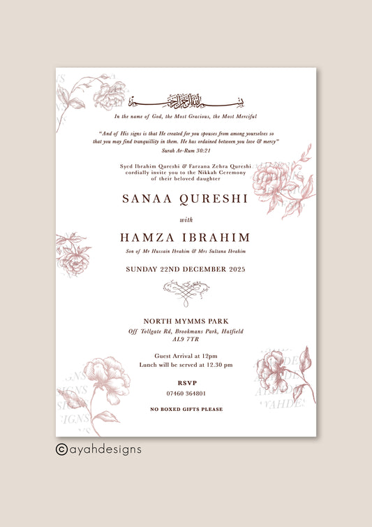 gold invite, gold calligraphy Islamic wedding invitation, floral Nikah invitation design, floral wedding invitation, personalised wedding invite, personalised wedding invitation, custom wedding, custom invitation, Walima invitation cards
