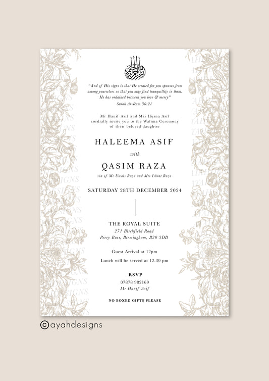 gold invite, gold calligraphy Islamic wedding invitation, floral Nikah invitation design, floral wedding invitation, personalised wedding invite, personalised wedding invitation, custom wedding, custom invitation, Walima invitation cards