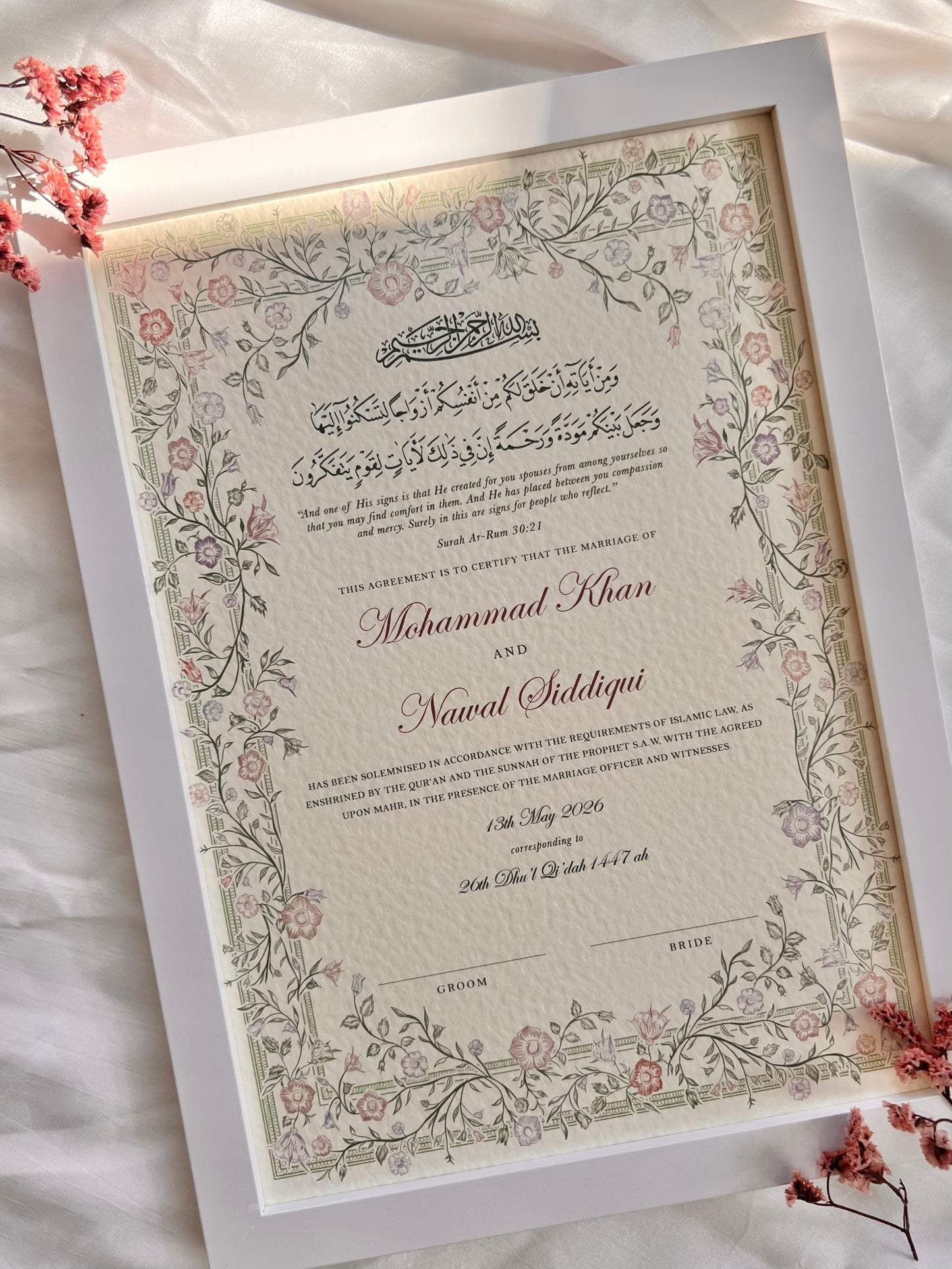 Personalised Luxury Nikkah Certificate - Farah