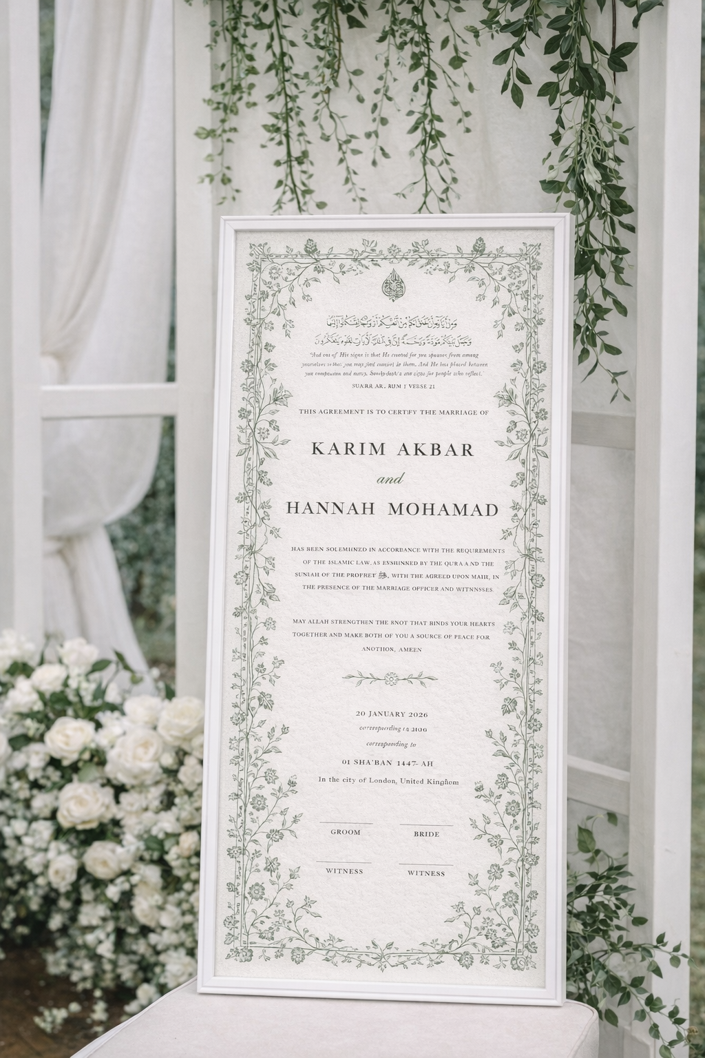 Personalised Luxury Large Nikkah Certificate - Farah (Sage)