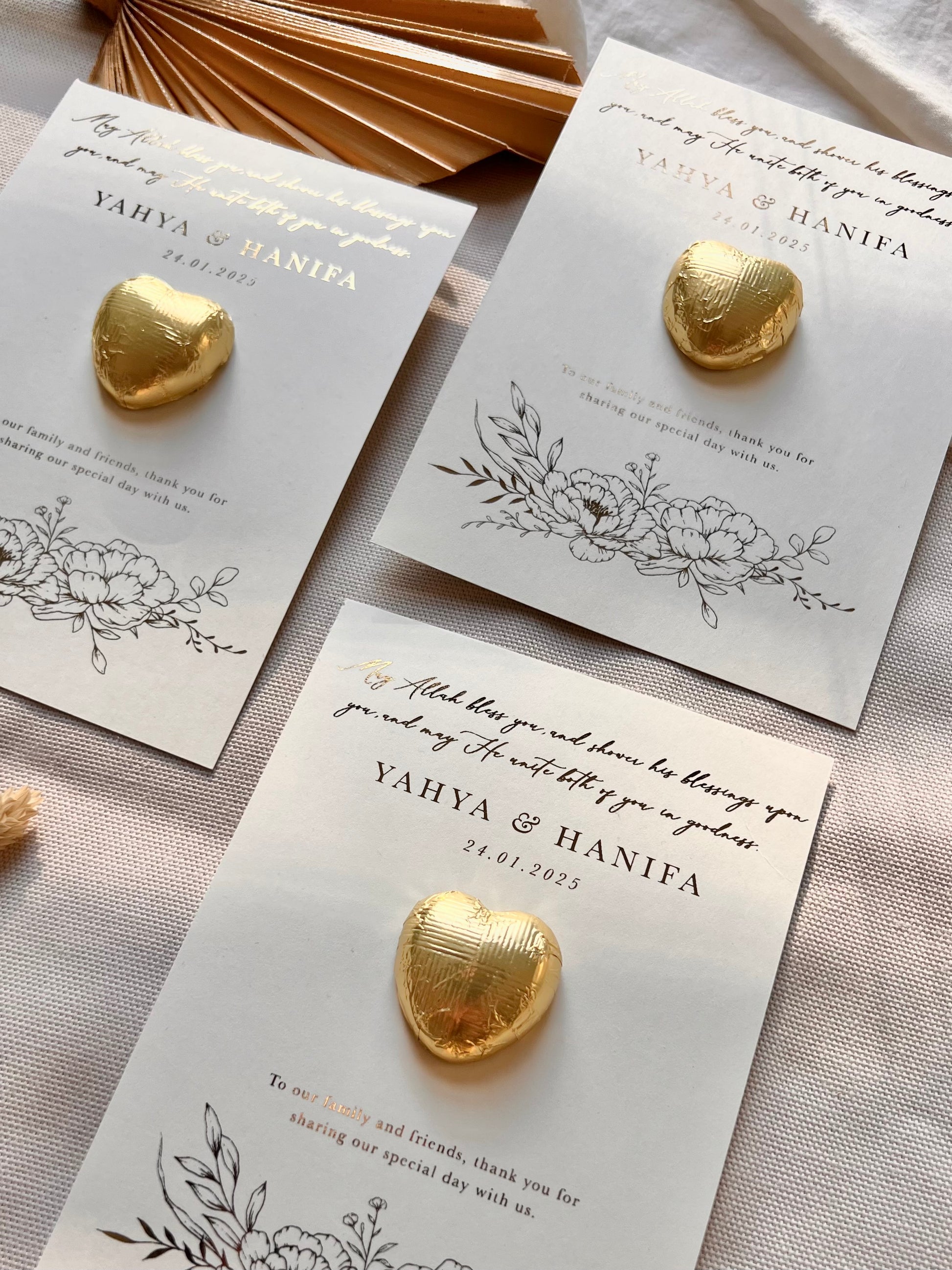 Nikkah favour, Ameen favor, Aqiqah favours, Mawlut favor, Bridal Shower favour, Baby Shower favours, Wedding favour, Birthday favor, Welcome Party favours, Housewarming favours, Engagement favor, Ramadan favours, Eid favours, Quran Graduation gifts, Umrah/Hajj favor, Islamic wedding favours , Muslim wedding favours , Gold Foiled Chocolate Hearts Token Favours on Premium Textured Card, 25x Personalised chocolate wedding Favours, Walima Favours, Mendhi Favours, Eid Favours, Umrah, Nikkah Favours