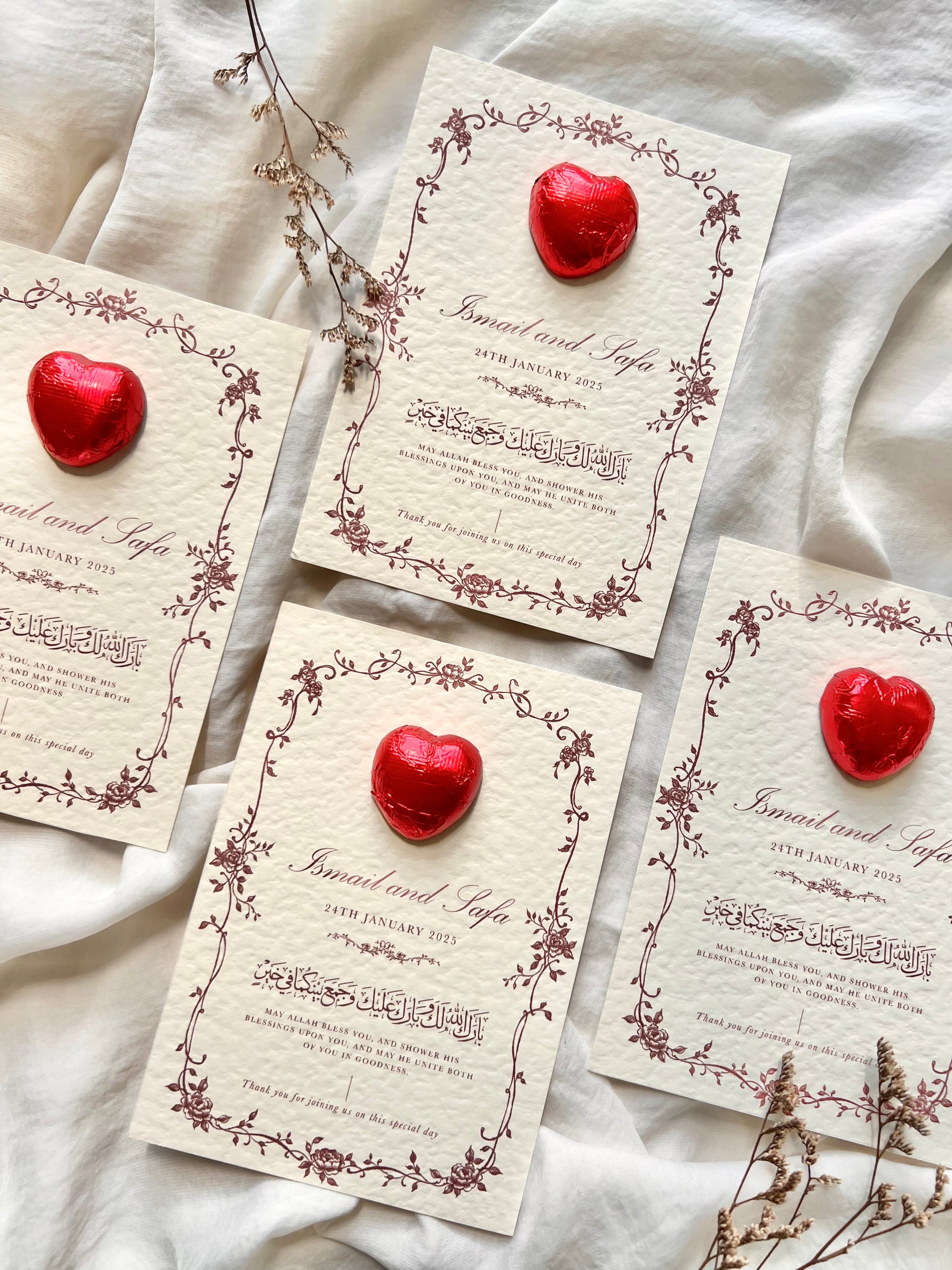 Nikkah favour, Ameen favor, Aqiqah favours, Mawlut favor, Bridal Shower favour, Baby Shower favours, Wedding favour, Birthday favor, Welcome Party favours, Housewarming favours, Engagement favor, Ramadan favours, Eid favours, Quran Graduation gifts, Umrah/Hajj favor, Islamic wedding favours , Muslim wedding favours , Gold Foiled Chocolate Hearts Token Favours on Premium Textured Card, 25x Personalised chocolate wedding Favours, Walima Favours, Mendhi Favours, Eid Favours, Umrah, Nikkah Favours