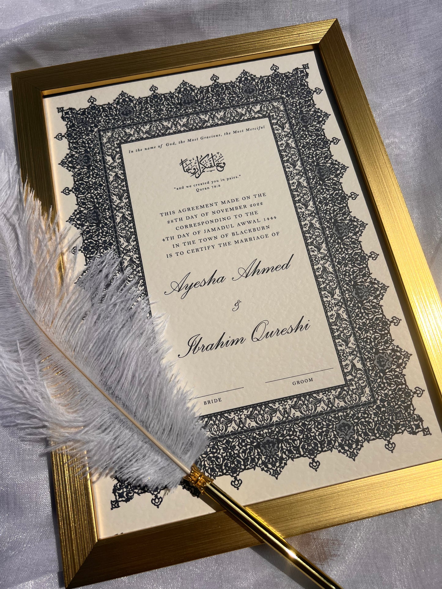 Personalised Luxury Nikkah Certificate - Afreen Blue