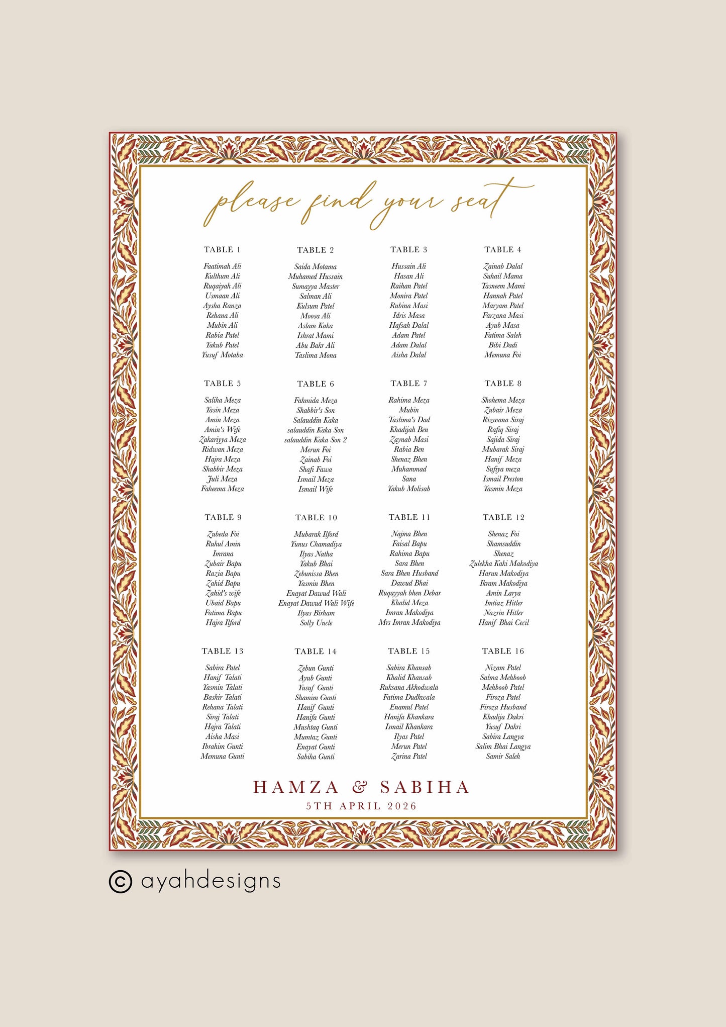 Seating Chart - Aziza