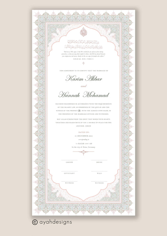 Personalised Luxury Large Nikkah Certificate - Mira (Pastel)