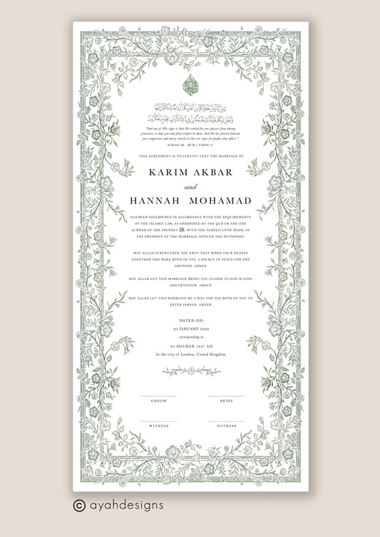 Personalised Luxury Large Nikkah Certificate - Farah (Sage)