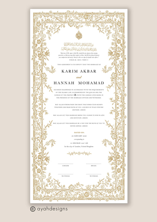 Personalised Luxury Large Nikkah Certificate - Farah (Gold)