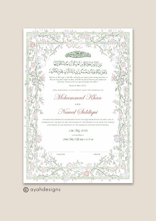 Personalised Luxury Nikkah Certificate - Farah